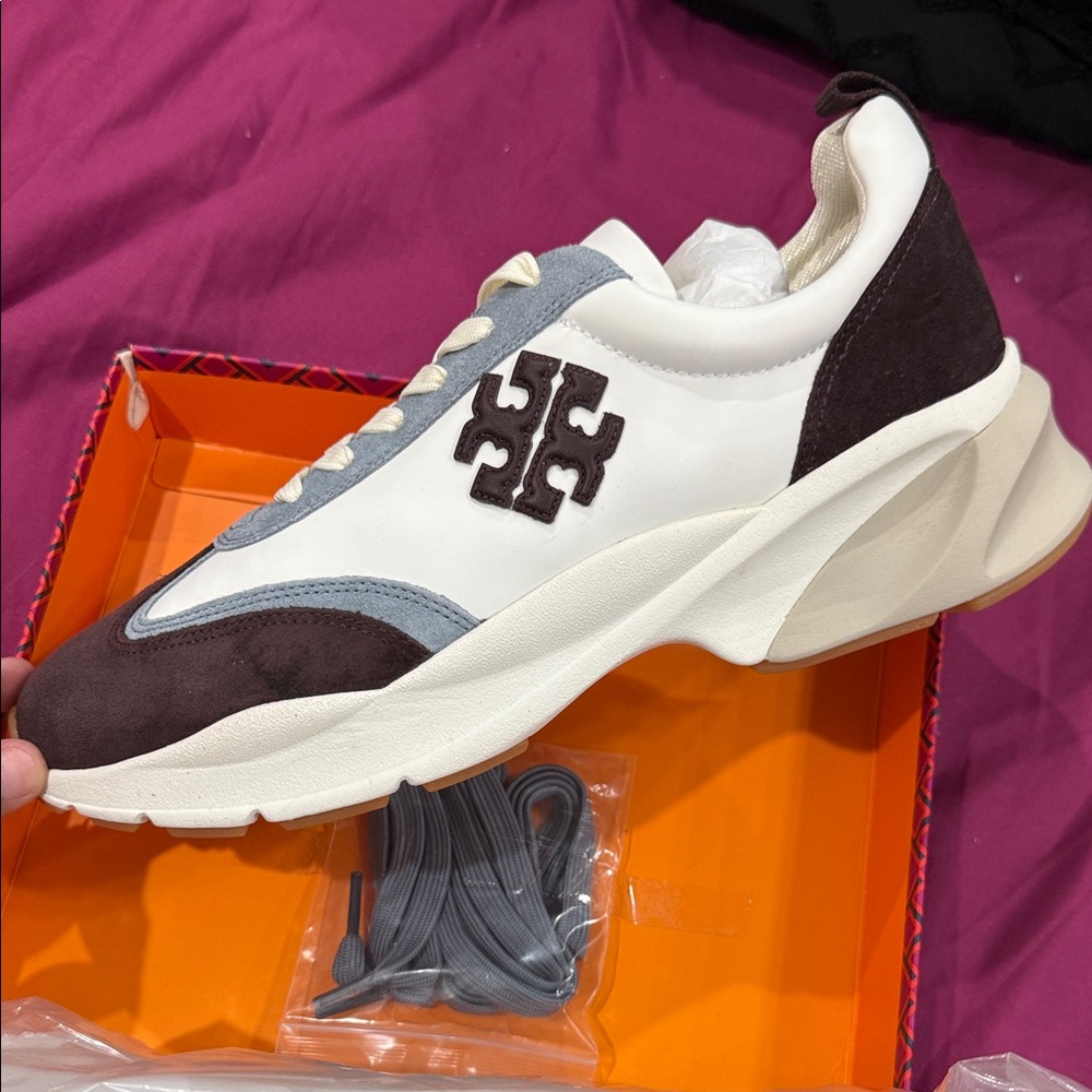 Tory Burch Cream, Blue and Brown Sneakers